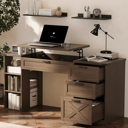 Farmhouse Lift Top Desk: Rustic Wood Standing Desk with 3 Drawers & Open Storage Shelves, Adjustable Height, White & Brown Home Office Computer Desk for Work, Study, Writing (Natural Walnut) - color: Natural Walnut