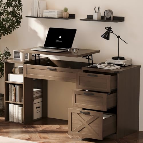 Farmhouse Lift Top Desk: Rustic Wood Standing Desk with 3 Drawers & Open Storage Shelves, Adjustable Height, White & Brown Home Office Computer Desk for Work, Study, Writing (Natural Walnut) - color: Natural Walnut
