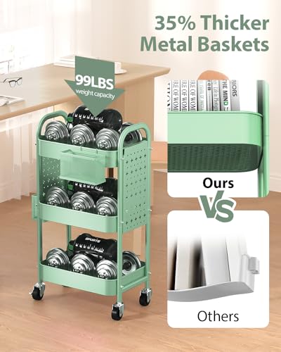ALVOROG 3 Tier Rolling Cart with DIY Pegboards Metal Utility Cart with Wheels Handles Baskets Hooks, Storage Cart for Office Kitchen Bathroom(Green) - color: Green