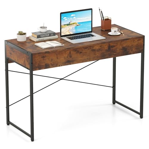 Giantex Computer Desk with 2 Drawers, 44 Inch Home Office Desk with Anti-Toppling Device & Metal Frame, Compact Laptop PC Table, Vanity Table, Modern Study Writing Desk for Small Spaces (Rustic Brown) - color: Rustic Brown