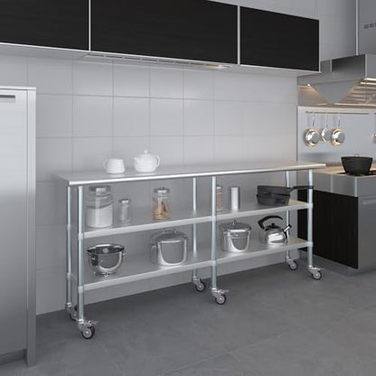 AmGood Stainless Steel Work Table with 2 Shelves and Casters | Metal Utility Table On Wheels (Stainless Steel Work Table with 2 Shelves + Casters, 84" Long x 18" Deep) - size: 84" Long x 18" Deep