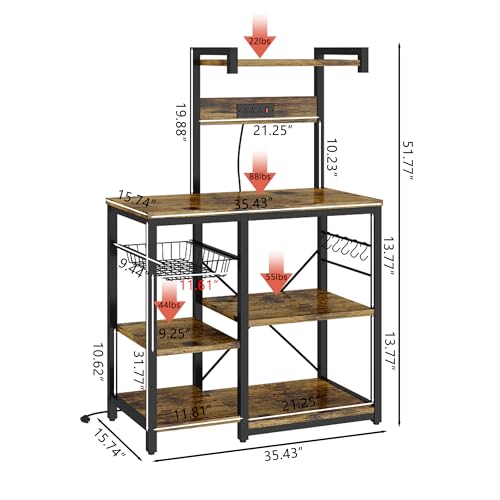 Recaceik Bakers Rack Kitchen Storage Rack with Power Outlet Microwave Stand Coffee Bar Station with 5 S-Hooks Freestanding Kitchen Shelves for Spices, Pots and Pans, Rustic Brown
