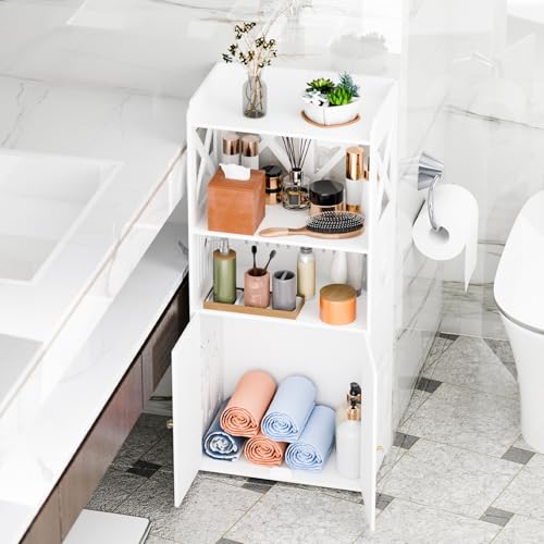 Bathroom Storage Cabinet, Freestanding Bathroom Organizers with Open Storage, Kitchen Pantry Cabinet with Doors, Floor Shelf with Door & Shelves White
