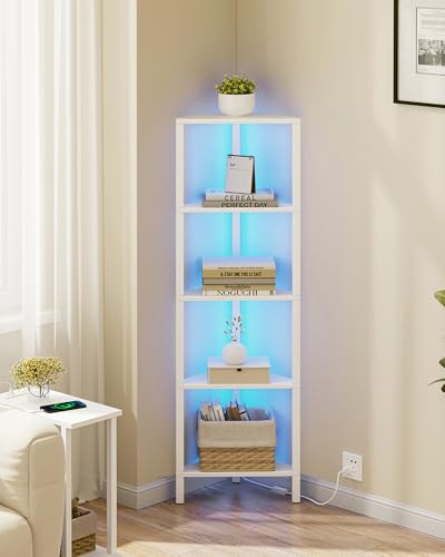 TUTOTAK Corner Shelf with LED Light, 5-Tier Corner Bookshelf | for Small Space, Narrow Display Corner Shelf Stand with Storage Rack, for Living Room, Bedroom, White BS05BW005L - color: White, size: 5-tier With Led