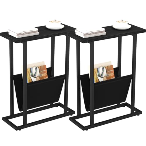 Yusong Narrow Side Table for Small Spaces, Small End Table Set of 2 with Magazine Holder, Skinny Slim Little Thin Table for Living Room, Bedroom, Sofa, Black Oak - color: Black, size: 16.5"W 2pcs