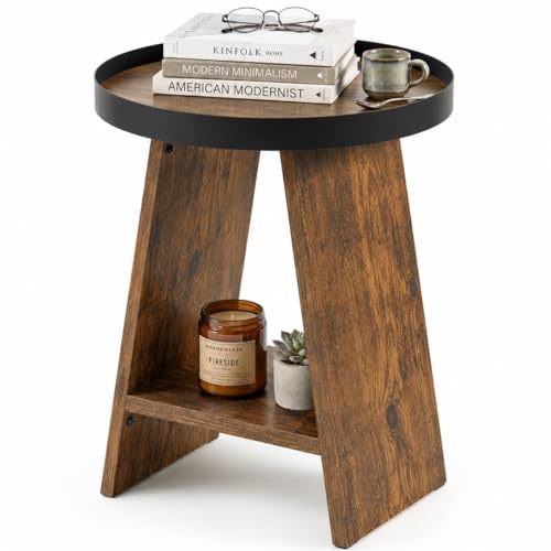 Round End Table with Tray Top, 2-Tier Rustic Side Table with Storage Shelf, Modern Farmhouse Industrial Wood Nightstand for Living Room, Bedroom, Small Spaces (Rustic Brown) - color: Rustic Brown