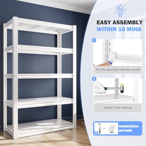 Raybee Storage Shelves, 2000LBS Garage Shelving,White Metal Shelves, 5 Tier Adjustable Heavy Duty Shelving for Pantry Kitchen Closet Basement Warehouse 16.5" D x 32" W x 63" H - size: 16.5"D x 32"W x 63"H,White