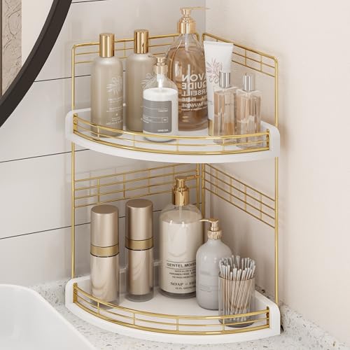 Bathroom Countertop Corner Organizer for Small Spaces, 2-Tier Counter Shelf | Oak Wood & Iron, Fan-Shaped Counter Shelf for Sink & Vanity Corners, Skincare, Toiletries, Compact Vertical Storage, White - color: White