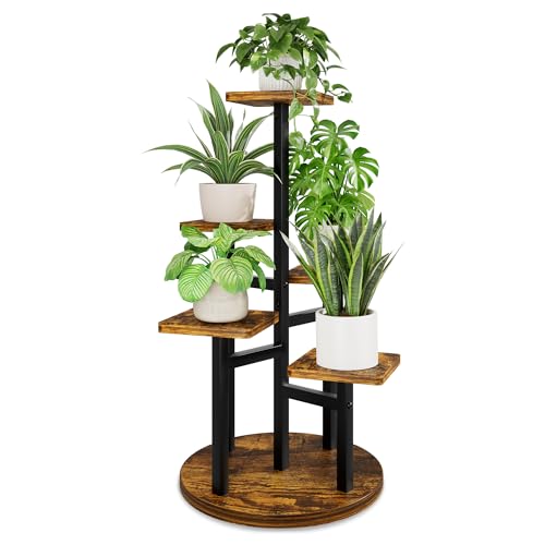 5 Tier Wood Plant Stand Indoor Outdoor, Wood Tall Plant Rack, Heavy Duty Wrought Iron Flower Pot Stand, Planter Display Rack for Living Room Balcony Garden Patio - BlackSquare - color: BlackSquare, size: 5-tiers