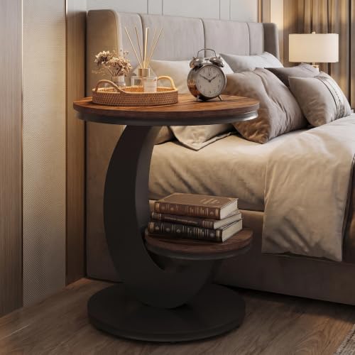 Tribesigns Round End Table with 2-Tier Shelf Storage,C Shaped Wood Side Table for Couch with Metal Frame,Modern Nightstand Accent Table for Living Room,Bedroom,Small Space (Brown) - color: Brown