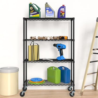 4 Tier Wire Metal Shelving Rack Garage Storage Rolling Shelves with Wheels | Heavy Duty Adjustable Industrial Shelving Steel Wire Organizer Rack for Kitchen Garage Pantry Office Bathroom - size: 4-Tier Metal Shelf（36L x 14W x 57H）