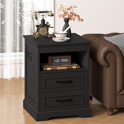 18" Farmhouse Accent Nightstand with Charging Station, Black | End Table with 3 Drawers Storage, Side Table, Bedside Cabinet for LivingRoom Bedroom Office - color: Black