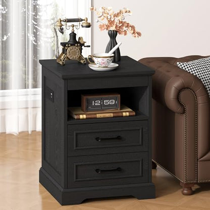 18" Farmhouse Accent Nightstand with Charging Station, Black | End Table with 3 Drawers Storage, Side Table, Bedside Cabinet for LivingRoom Bedroom Office - color: Black
