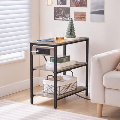 HOOBRO End Table with Charging Station, Side Table with 3 Tier Storage Shelf, Narrow Nightstand for Small Spaces, for Living Room, Bedroom, Easy Assembly, Greige and Black BG149UBZ01 - color: Greige + Black