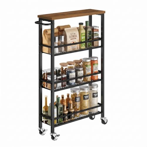 Pipishell Slim Storage Cart with Wheels - 4 Tier Rolling Kitchen Storage Cart with Handle and Wood Top, Metal Slim Bathroom Cart for Laundry Room, Bathroom, Kitchen, Narrow Space, Black & Rustic Brown - size: 5.3 in