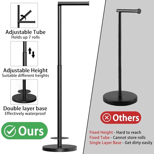 Toilet Paper Holder Stand 1 pc, Height Adjustable, Reserve Tissue for 6 Spare Rolls, Bathroom Storage, Rustproof with SUS304 Stainless Steel (Matte Black) - color: Matte Black