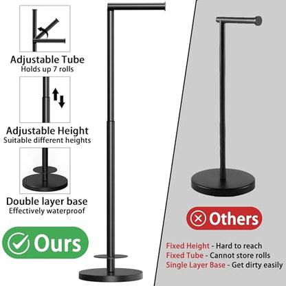 Toilet Paper Holder Stand 1 pc, Height Adjustable, Reserve Tissue for 6 Spare Rolls, Bathroom Storage, Rustproof with SUS304 Stainless Steel (Matte Black) - color: Matte Black