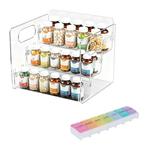3-Tier Vitamin Storage Organizer with 7-Day Pill Box, Holder for Vitamin Bottles & Medicine Bottle,Supplement Rack for Cabinet Countertop Bathroom Kitchen Pantry, Includes Weekly Pill Organizer