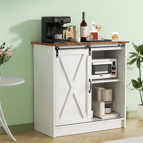 Farmhouse Coffee Bar Cabinet with Sliding Barn Door | Coffee Bar Table, Kitchern Coffee Bar with Adjustable Shelves for Dining Room, Living Room