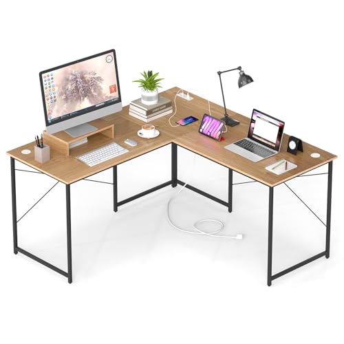Giantex L Shaped Computer Desk, 59 Inch Reversible Corner Desk with Power Outlet and USB Ports & Monitor Stand, Wooden Writing Desk Gaming Table for Home Office Room Small Space (Natural) - color: Natural