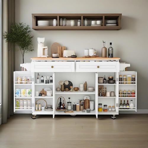 Kitchen Island Cart with Storage on Wheels, 59" Large Rolling Kitchen Island with Drop Leaf, Mobile Island for Kitchen with Towel Rack, Drawers for Dining Room, White - size: 59.3" W, style: White