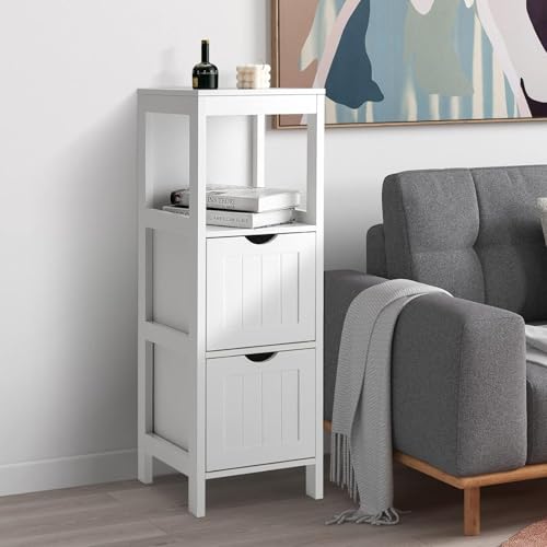 RELAX4LIFE Small Bathroom Storage Organizer, Freestanding with 2 Removable Drawers & Open Shelf, Wooden Corner Cabinet for Entryway, Living Room or Narrow Bathroom (White)