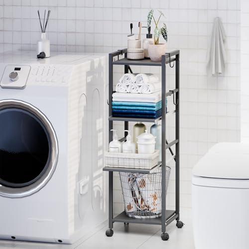 4-Tier Kitchen Cart with Locking Wheels, Height Adjustable Storage Shelf, 10kg Per Layer Load Capacity, Carbon Steel Rolling Utility Rack for Pantry, Bathroom, Office Black Triple Layer