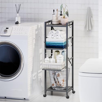 4-Tier Kitchen Cart with Locking Wheels, Height Adjustable Storage Shelf, 10kg Per Layer Load Capacity, Carbon Steel Rolling Utility Rack for Pantry, Bathroom, Office Black Triple Layer