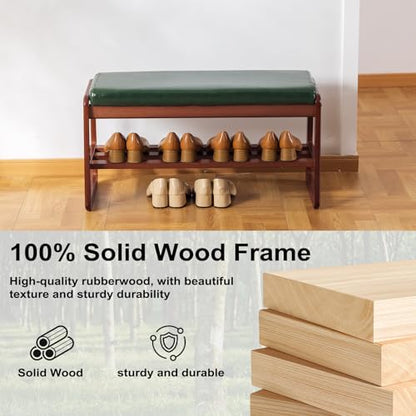 SOBIBO Solid Wood Shoe Bench, 2-Tier Wooden Entryway Bench, Modern Shoe Rack with Faux Leather Cushion for Hallway, Living Room (Green, 31.5'') - color: Green, size: 31.5 inches
