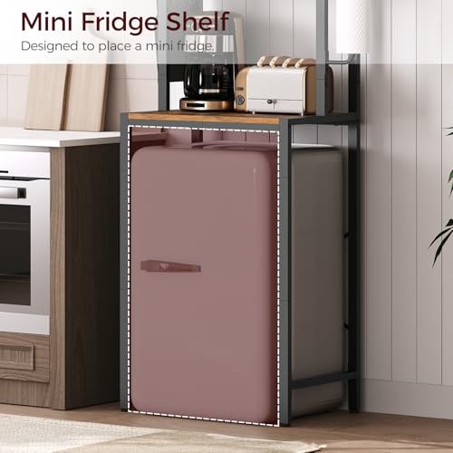 MAHANCRIS Bakers Rack with Mini Fridge Shelf, 3-Tier Microwave Stand, Coffee Bar Station with Paper Holder, Freestanding Kitchen Storage Rack, for Kitchen, Rustic Brown and Black BRHR5401 - color: Rustic Brown and Black