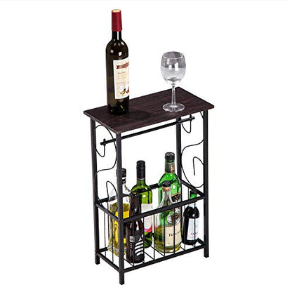 Side Coffee End Table,Multifunctional Bathroom Table,Bathroom Free Standing Floor Storage Side Corner Table Shelf with Toilet Paper Holder Stand and Magazine Rack,Metal Frame & Wood Top,Dark Brown