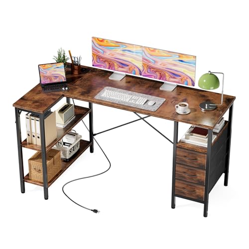 DUMOS L Shaped Desk with Drawers, Gaming Desk, 55 Inch | Power Outlet, Study Table, Adjustable Shelves, Home Office, Corner Computer Workstation, Bedroom, Brown - color: Brown, size: 55.1 Inch