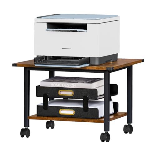 Lerliuo Under Desk Printer Stand, 2-Tier Industrial Rolling Printer Table | Rustic Brown Small Mobile Printer Cart Desk for Home Office, Lockable Wheels, Open Storage Shelf, Metal frame - color: Brown, size: 2-Tier