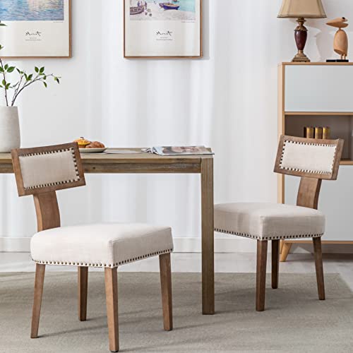 RIVOVA Mid Century Modern Dining Chairs Set of 4 Upholstered Linen Fabric Kitchen Dining Side Chairs with Nailhead Trim, Modern Kitchen Armless Solid Wood Dining Chairs, Beige - color: Beige Nailhead