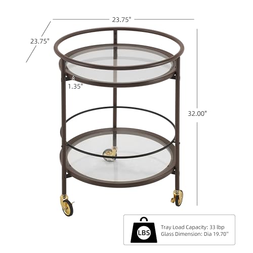 GDFStudio Modern Coffee Brown Round Bar Cart with Dual Tempered Glass Shelves, Gold Metal Accents and Lockable Casters, Rolling Beverage Serving Cart for Living Room, Dining Room or Kitchen - color: Coffee