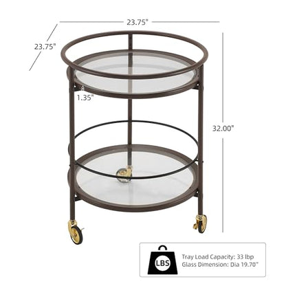 GDFStudio Modern Coffee Brown Round Bar Cart with Dual Tempered Glass Shelves, Gold Metal Accents and Lockable Casters, Rolling Beverage Serving Cart for Living Room, Dining Room or Kitchen - color: Coffee