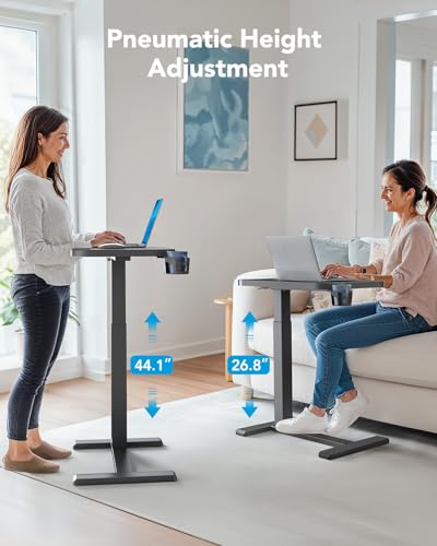 HUANUO 28Inch Bedside Table with Wheels, Height-Adjustable Rolling Computer Cart, Overbed Table with Cup Holder, Pneumatic Laptop Standing Desk for Home Office, Black - color: Black, size: Small-28 Inch