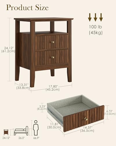 Fluted Nightstand, Farmhouse Night Stand with 2 Drawers, Mid Century Modern Side Accent Table,Bedside End Table for Bedroom, Living Room, Brown - color: Walnut Brown, size: 2 Drawers