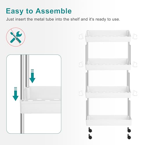 YSSOA Rolling Storage Cart, 4 Tier Slim Mobile Shelving Unit for Storage,360° Rotating Wheel Lockable Utility Cart,Great for Office, Kitchen, Bathroom, Laundry or Narrow Spaces, White - size: 4-Tier 16"Dx5"Wx33"H