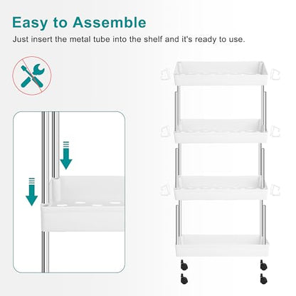 YSSOA Rolling Storage Cart, 4 Tier Slim Mobile Shelving Unit for Storage,360° Rotating Wheel Lockable Utility Cart,Great for Office, Kitchen, Bathroom, Laundry or Narrow Spaces, White - size: 4-Tier 16"Dx5"Wx33"H