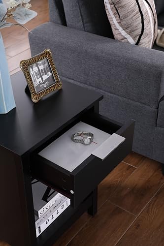 Nightstand with Drawer,Wooden End Table with Drawer and Opening Shelf,Side Table for Bedroom,Black - color: Black, style: 1 Drawers