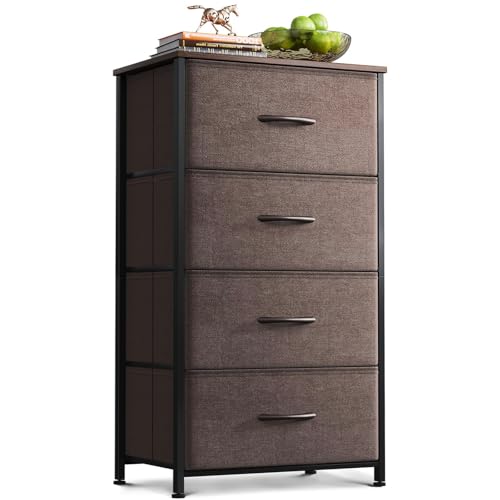 AODK Small Dresser for Bedroom with 4 Storage Drawers, Brown | Dressers Chest of Drawers Fabric Dresser with Sturdy Steel Frame, Dressers for Closet with Wood Top - color: Brown