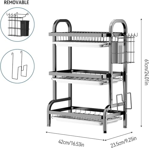 Vergissm Large 3-Tier Dish Drying Rack with Drain Tray - Rustproof Carbon Steel Kitchen Organizer for Countertop with Utensil & Cutlery Holder, Spacious Drainboard - Multifunctional Dish Drainer