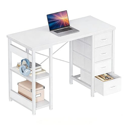 Casaottima 40 Inch Small Computer Desk with 4 Fabric Drawers, Modern PC Desk for Small Spaces, Home Office Desk with Storage Shelves, Pure White - color: Pure White