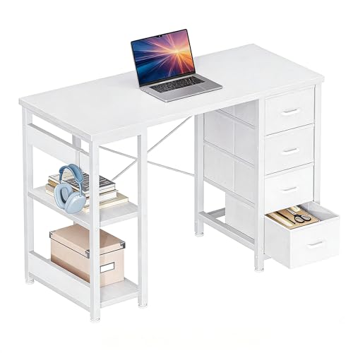 Casaottima 40 Inch Small Computer Desk with 4 Fabric Drawers, Modern PC Desk for Small Spaces, Home Office Desk with Storage Shelves, Pure White - color: Pure White