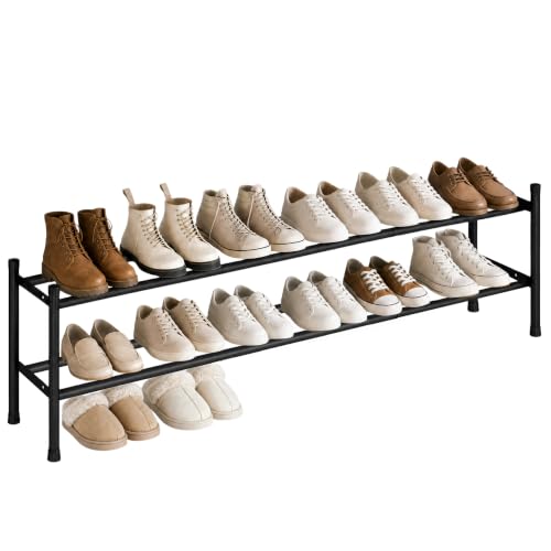 STORAGE MANIAC Long Expandable Shoe Rack, 12 Pairs Metal Wide Stackable Shoe Rack, Adjustable Shoes Shelf, Freestanding Shoes Organizer for Closet, Entryway, Hallway, Garage, Front Door, 2 Tiers - size: 2-tier