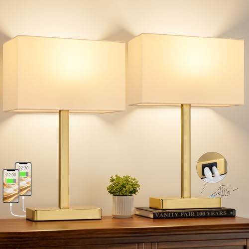 Hong-in Touch Lamps for Bedroom - 3-Way Dimmable Bedside Lamps Set of 2 with USB C+A, White Modern Table Lamp for Night Stands, Desk Lamp for Living Room Nightstand End Tables Bed Side