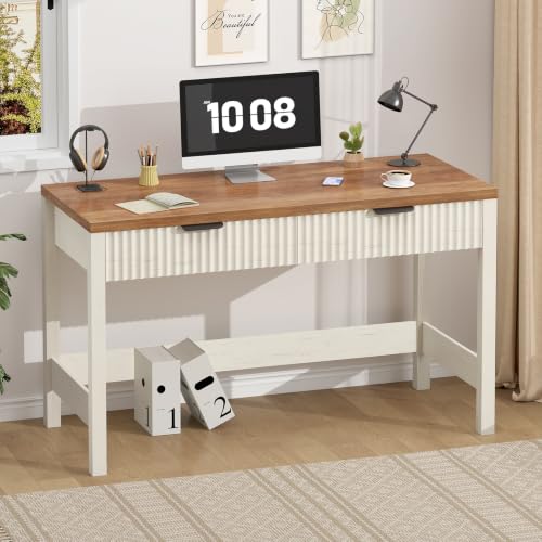 47 Inch Small Fluted Computer Desk with 2 Drawers for Bedroom, Home Office | Small Computer Desk with Storage, Compact Writing Study Desk for Small Spaces - color: Antique White, size: 47-Inch Desk