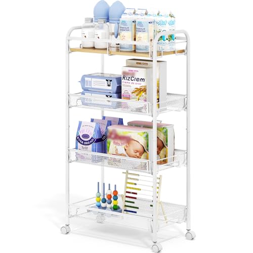 TOOLF 4-Tier Rolling Cart, Metal Utility Cart, Slide Out Storage Cart with Wooden Tabletop and Mesh Baskets, Easy Assemble Trolley for Kitchen Bathroom Laundry Room Bedroom Apartments Dormitory - size: Wide, style: White