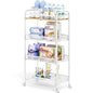 TOOLF 4-Tier Rolling Cart, Metal Utility Cart, Slide Out Storage Cart with Wooden Tabletop and Mesh Baskets, Easy Assemble Trolley for Kitchen Bathroom Laundry Room Bedroom Apartments Dormitory - size: Wide, style: White